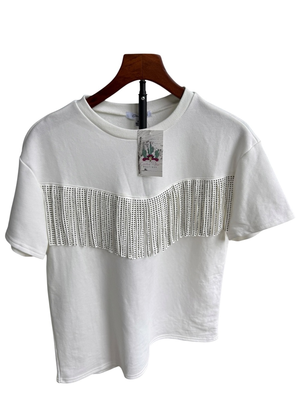 Western/Cowgirl Women's White Short Sleeve Tee with Fringe Detail across chest